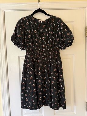 Madewell Black Floral Smocked Waist Mini Dress
